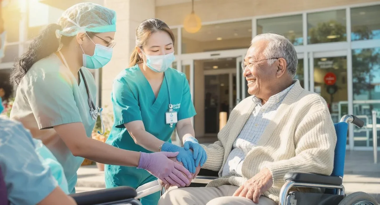 Professional healthcare workers providing medical transportation and accompaniment services to community members